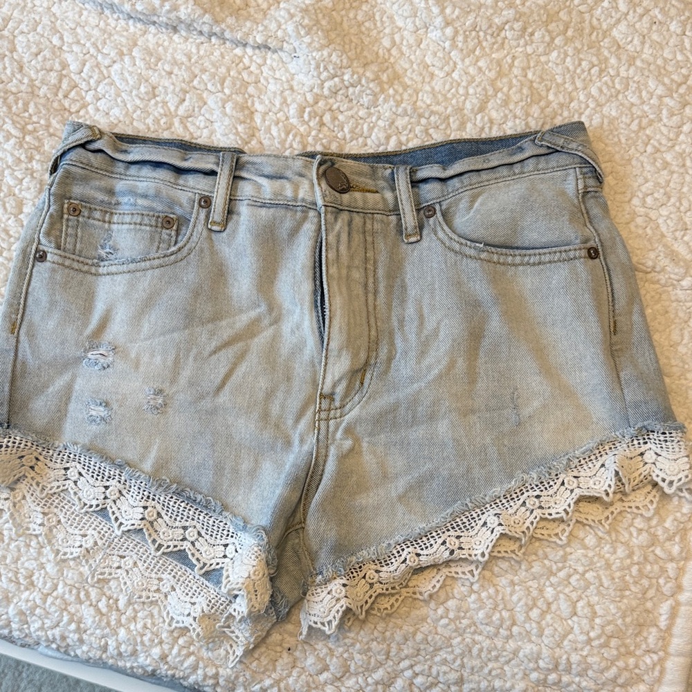 Free People Light Blue Jean Shorts with Lace Hem